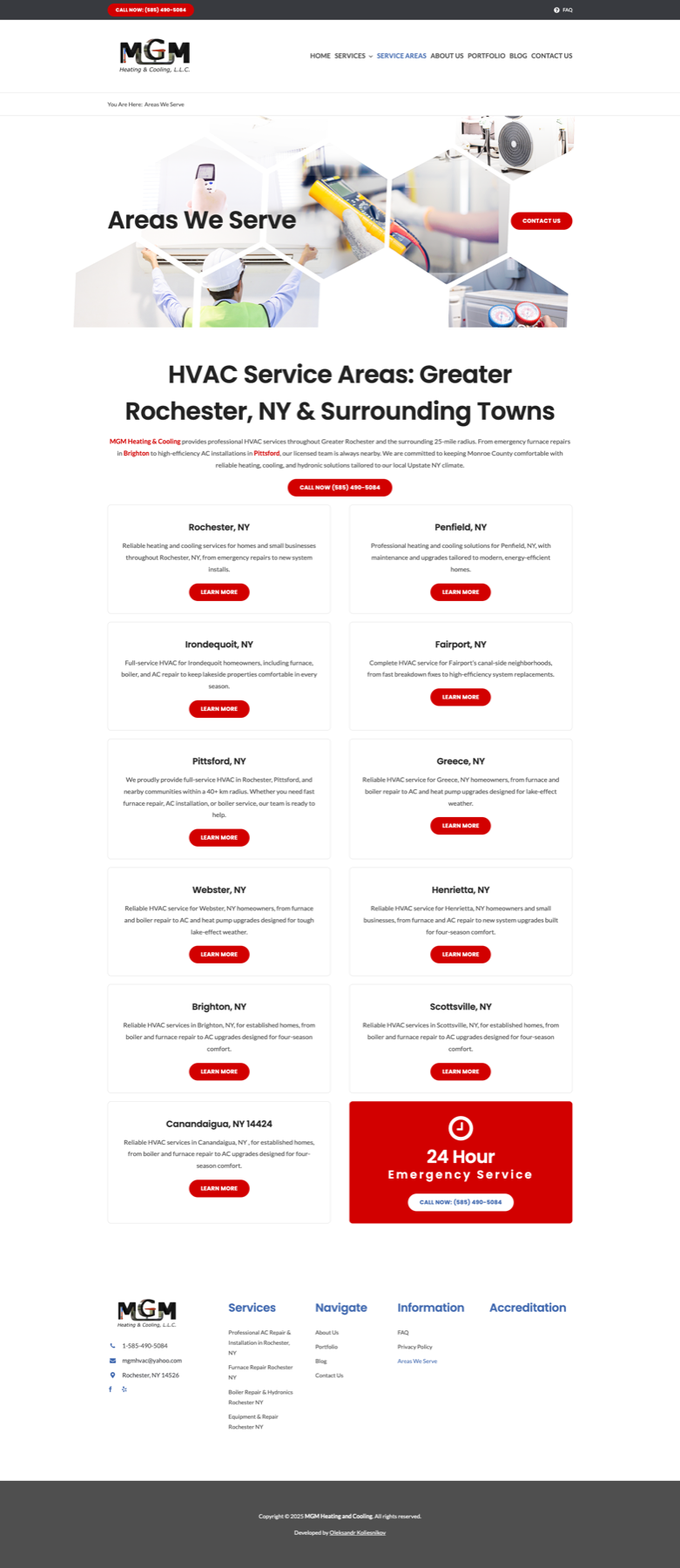 MGM Heating and Cooling service area landing page structure for Greater Rochester